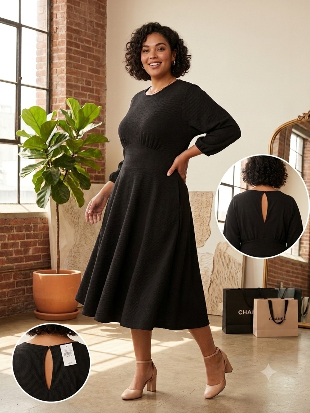 Ashley Stewart Black Midi Fit-and-Flare Dress with Keyhole Back